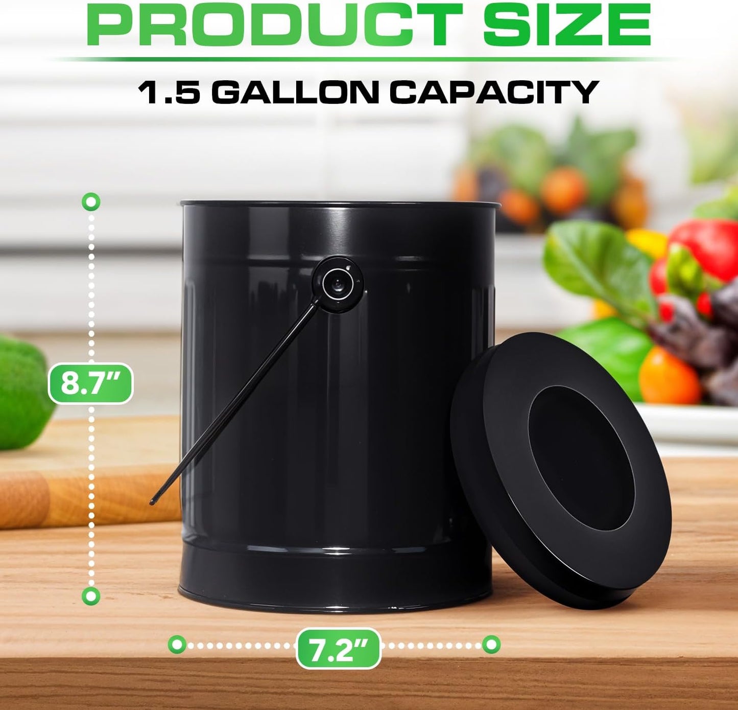 Plexon Countertop Compost Bin Kitchen Indoor with Lid, Black 1.5 Gallon Odorless Kitchen Container, Steel Food Compost Bucket with Charcoal Filter, Compost Pail for Countertop