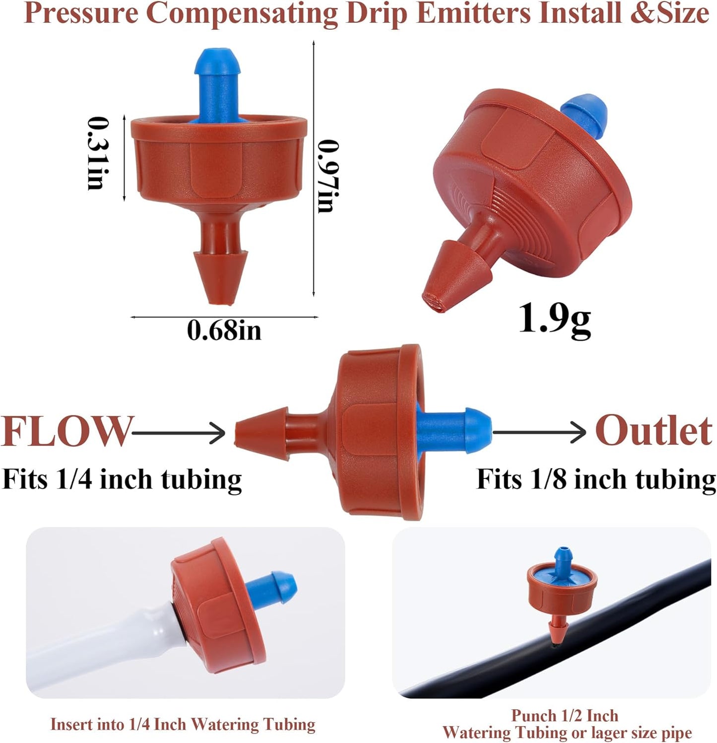 60Pcs 0.5 GPH Pressure Compensating Irrigation Spot Drippers,Constant Flow Barb Outlet Watering Dripper Emitters Heads Parts for 1/4 Inch Watering Tubing Line for Garden Pots Plant Irrigation Systems