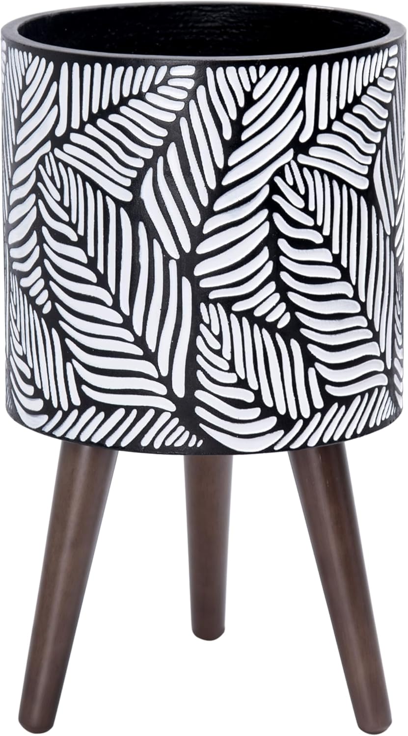 D'vine Dev 10 Inch Planter Pot with Stand, Mid-Century Tall Plant Pot with Legs for Indoor Plants, Medium, White/Grey, 88-L-B-7