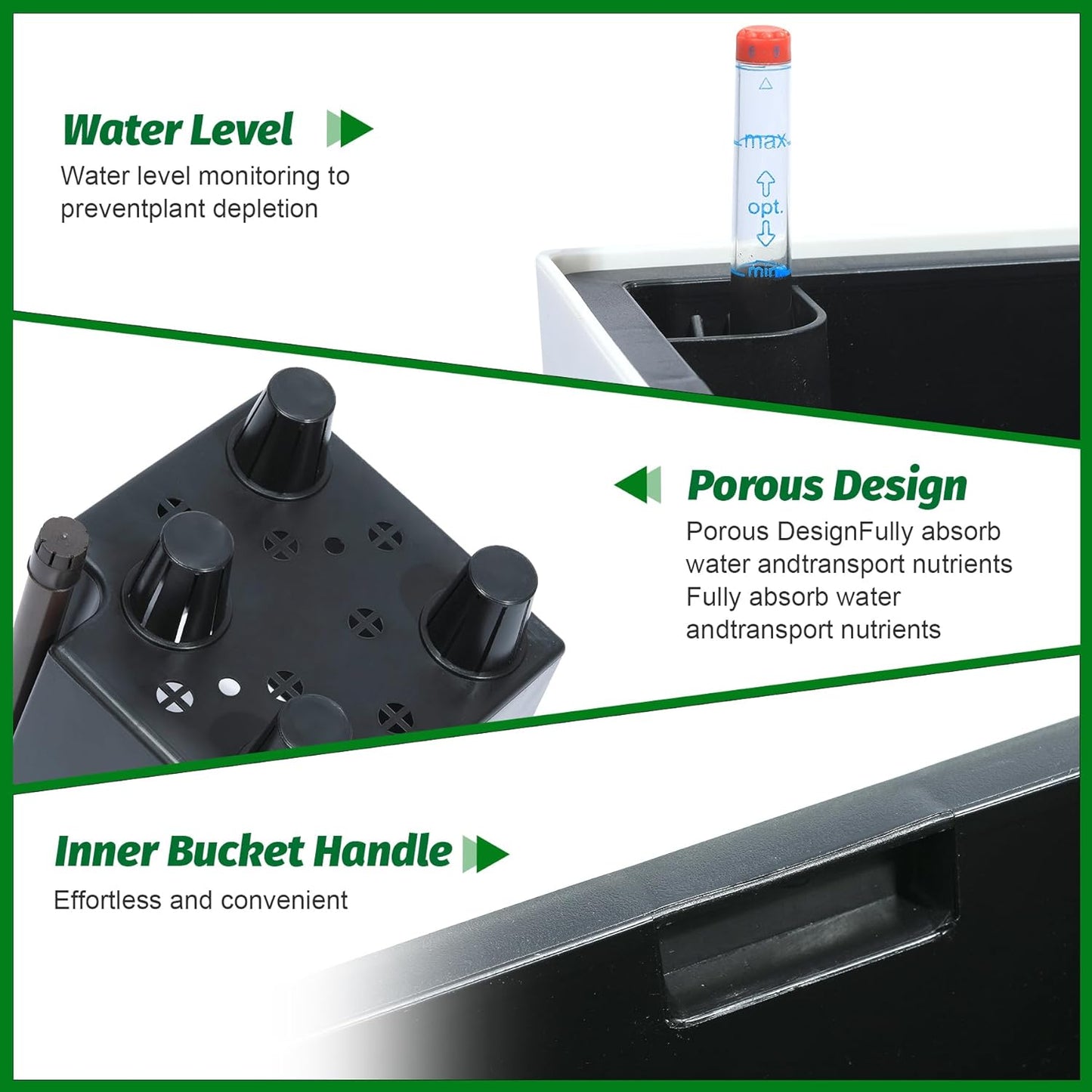 16" Tall Planters Set of 2, Outdoor＆Indoor Black Planter Pots, High Front Porch Planter Pots with Drainage Holes＆Water Level Monitor＆Inner Bucket, Automatic Watering,White