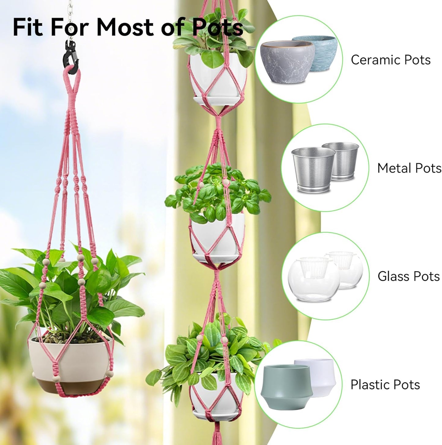USLAI Macrame Plant Hanger Indoor Outdoor, Up to 4-15 inch Pot, Heavy 20lb Planters, Extra Long Strong Hanging Planter Basket Holder, Boho Home Decor, 35+72 Inch, Pink (POTS NOT Included)