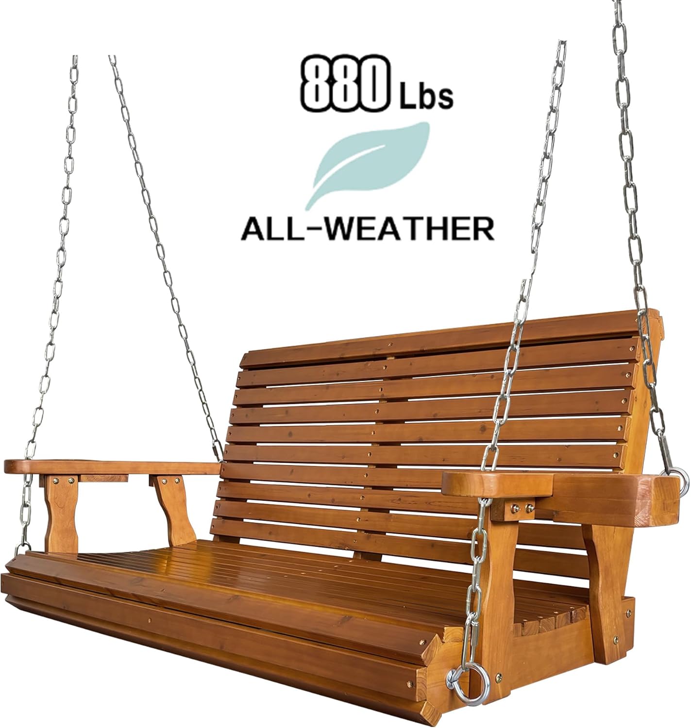 Wooden Porch Swing 2-Seater, High Backrest and Deep Seat, Bench Swing with Cupholders, Hanging Chains and 7mm Springs, Heavy Duty 880 LBS, for Outdoor Patio Garden (Cedar Tone - 4 FT Extra Large)
