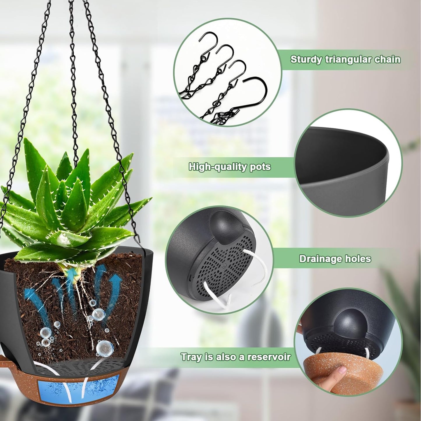 3 Pack Hanging Planter Indoor Outdoor Flower Pots 7/6.5/5 Inch, Self-Watering Hanging Pot with Drainage Holes Hanging Baskets Holder Plant Pots for Garden (Black)