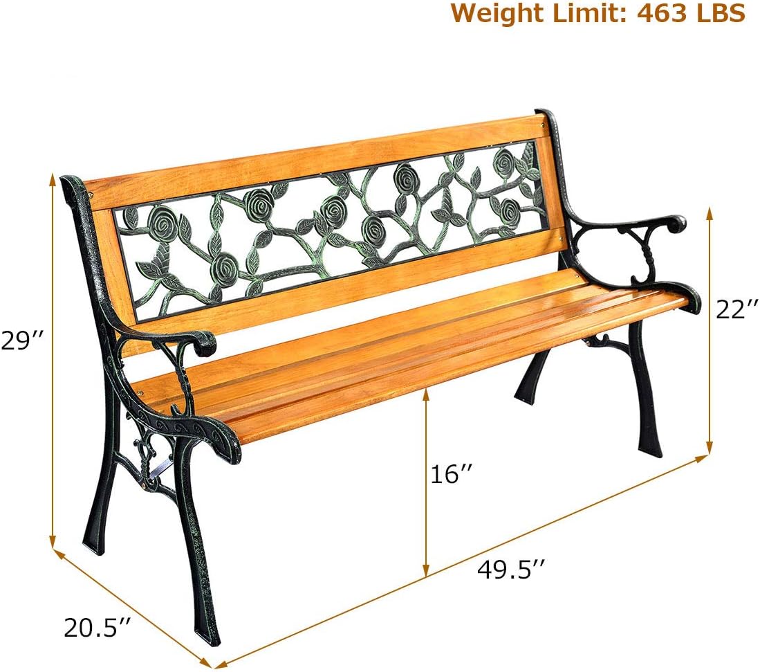 S AFSTAR Outdoor Garden Bench, Outside Porch Loveseat with Rose Cast Backrest & Stable Metal Legs, 2-3 Person Park Bench, Weather Proof Outdoor Bench for Patio Garden Backyard Poolside