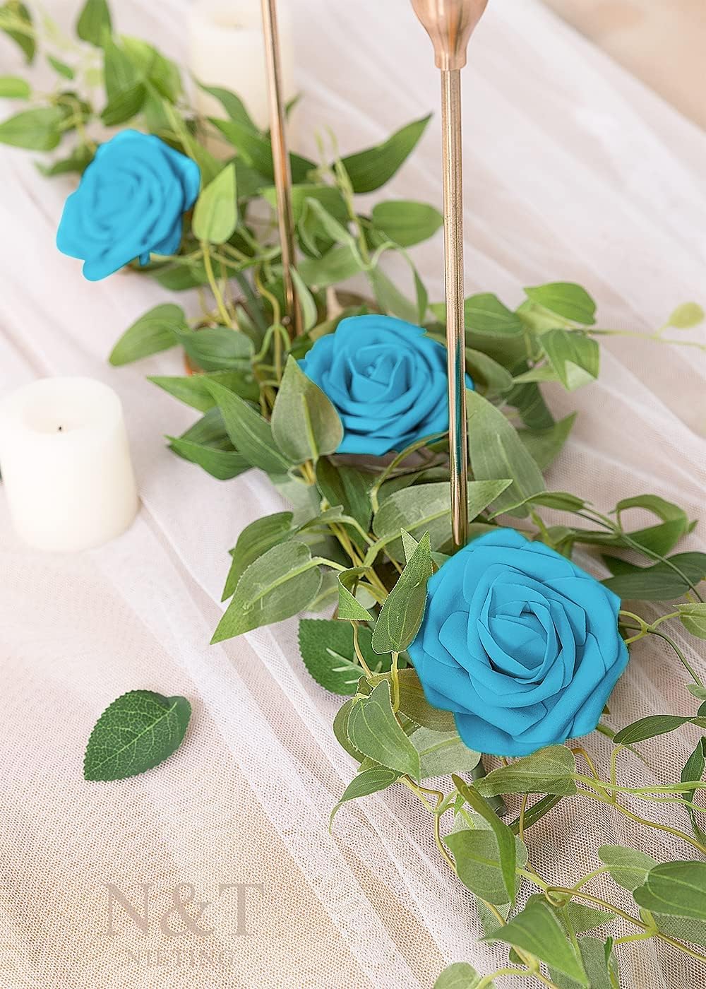 N&T NIETING Artificial Flowers 50pcs Real Looking Blue Foam Fake Roses with Stems for DIY Wedding Bouquets White Bridal Shower Centerpieces Arrangements Party Tables Decorations