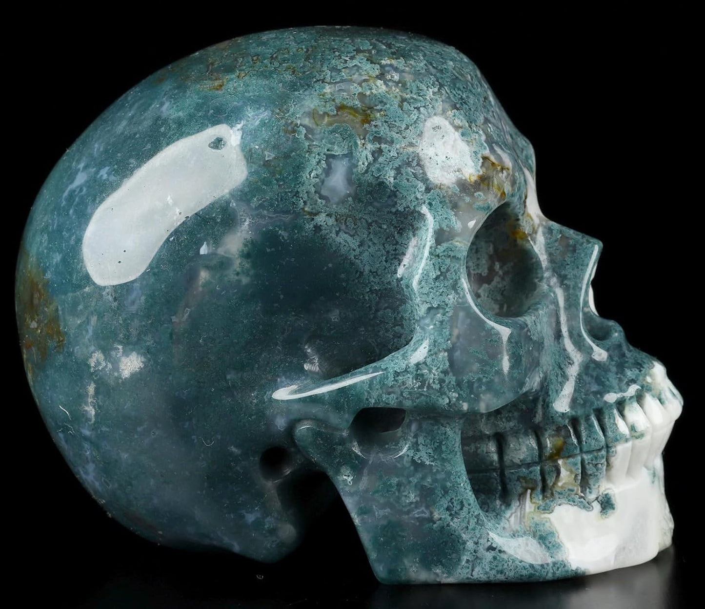 Skullis 5.0" Green Moss Agate Crystal Skull, Hand Carved Gemstone Fine Art Sculpture, Reiki Healing Stone Statue.2057