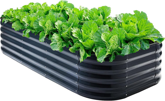 Galvanized Steel Raised Garden Bed 8x2ft Oval - 17" Tall 9-in-1 Modular Planter Box for Vegetables/Flowers, Rust-Proof Metal Outdoor Planters Rubber Edging (Grey)