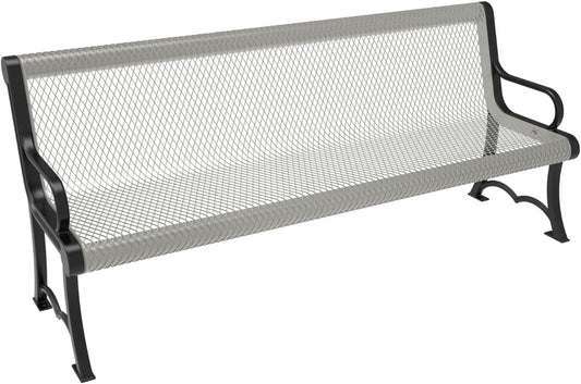 Coated Outdoor Furniture Heavy-Duty Outdoor Bench Thermoplastic Coated, Expanded Metal, Commercial-Grade Garden Bench, Made in America (Portable with Back, 6 Ft, Gray)