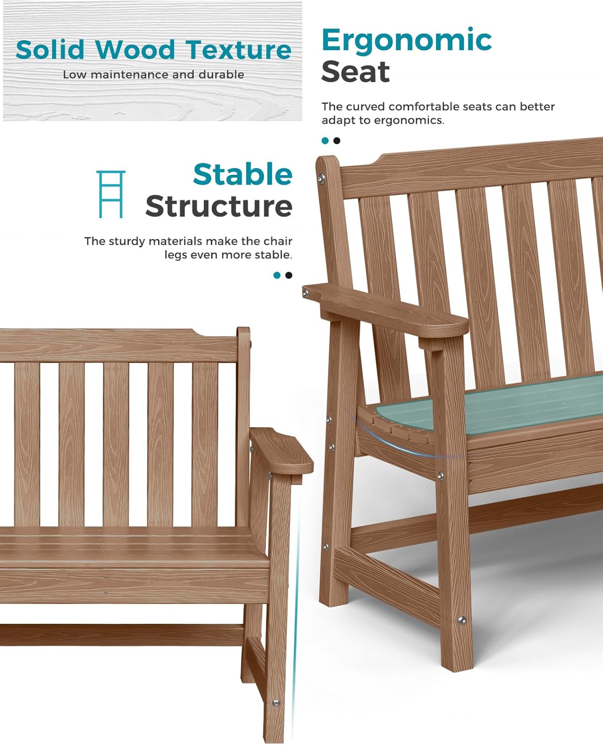 Outdoor Bench, 2-Person HDPE Garden Bench, All Weather Poly Patio Bench for Outdoors, Garden, Backyard, Porch and Park, 660 lbs Weight Capacity, Teak, 2 Pack