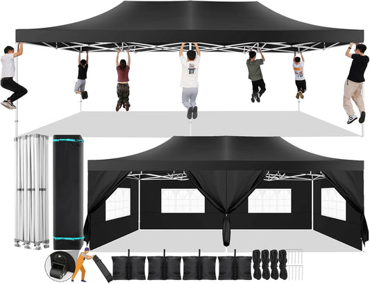 COBIZI 13x26 Pop Up Canopy with 6 Sidewall,Heavy Duty UPF 50+ All Season Wind Waterproof Commercial Outdoor Wedding Party Tents for Parties Canopy Gazebo with Roller Bag(13 x 26 ft Black)