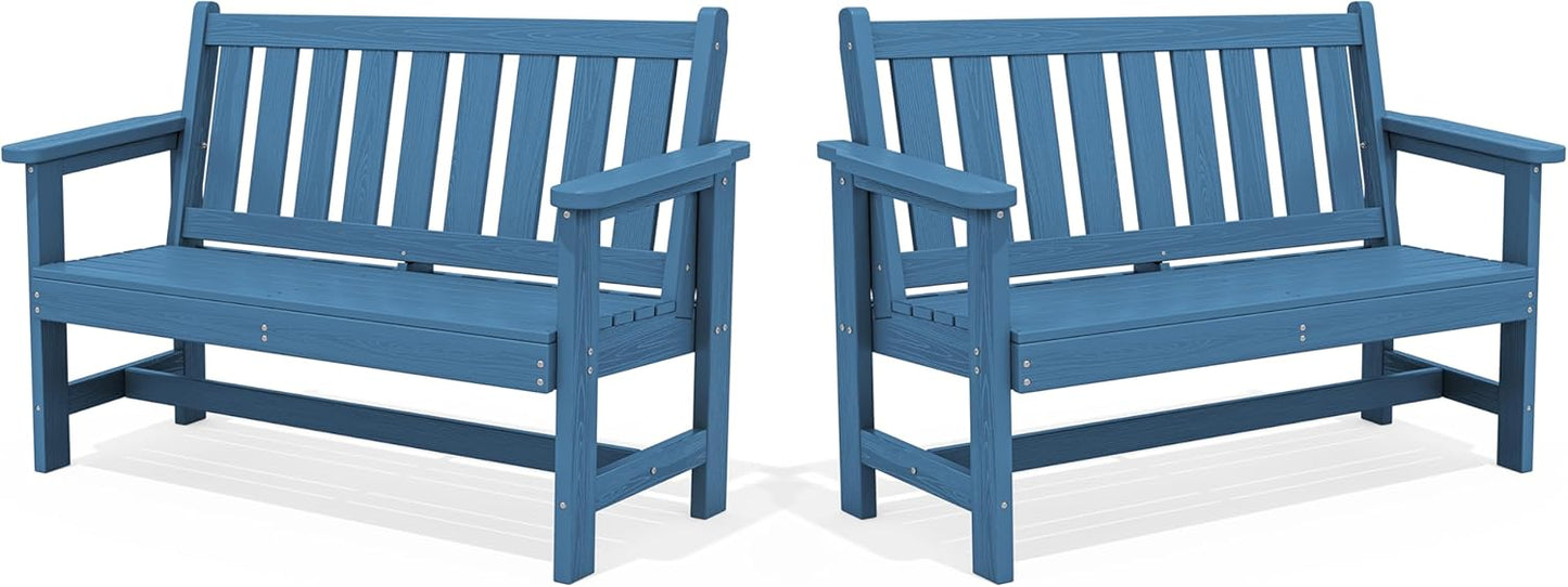 SERWALL HDPE Outdoor Benches Weatherproof, 2-Person Garden Bench with 660 lbs Weight Capacity, Patio Benches for Outdoors, Garden, Porch, Park, Navy, 2 Pack