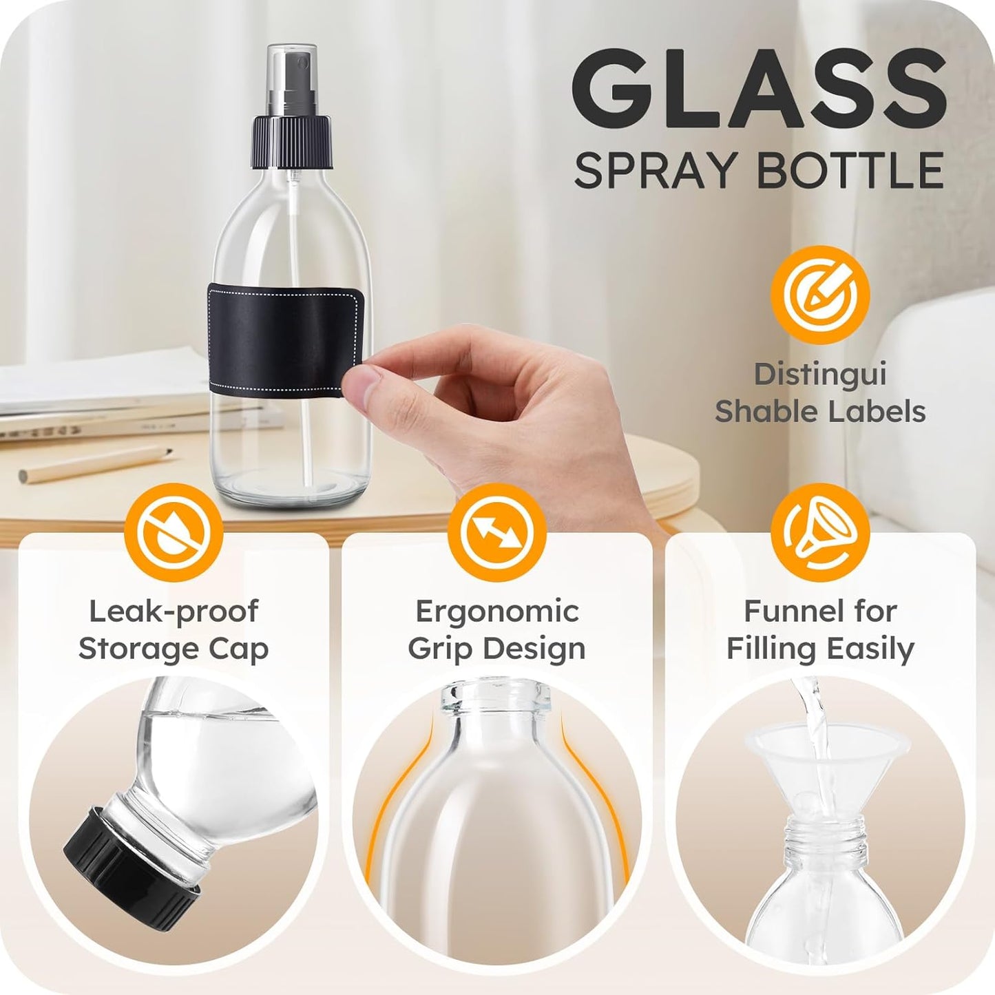 Tecohouse 2 Pack Glass Spray Bottles, 250ml Small Glass Bottles for Cleaning Solutions, Spray Bottles for Essential Oils, Plants, with Durable Nozzle, Labels, Funnel - Clear