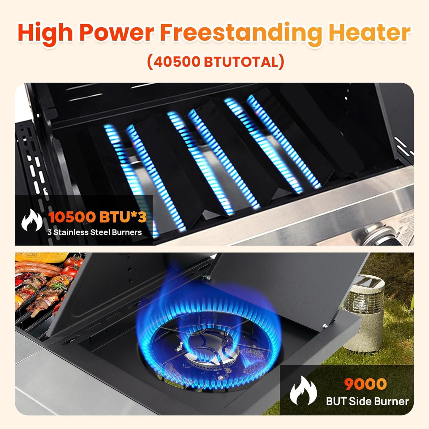 3-Burner Propane Gas BBQ Grill with Side Burner, Porcelain-Enameled Cast Iron Grates and Side Tables, 40,500 BTU Stainless Steel Grill for Outdoor Camping Barbecue Grilling Backyard Cooking