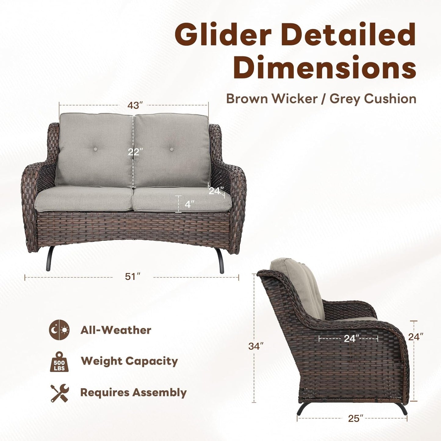Spacious Outdoor Glider Bench - 500 LBS Weight Capacity Small Loveseat, 2 Seater Patio Gliders Furniture All Weather Wicker Couch with Removable Cushion for Deck Sunroom Balcony Backyard