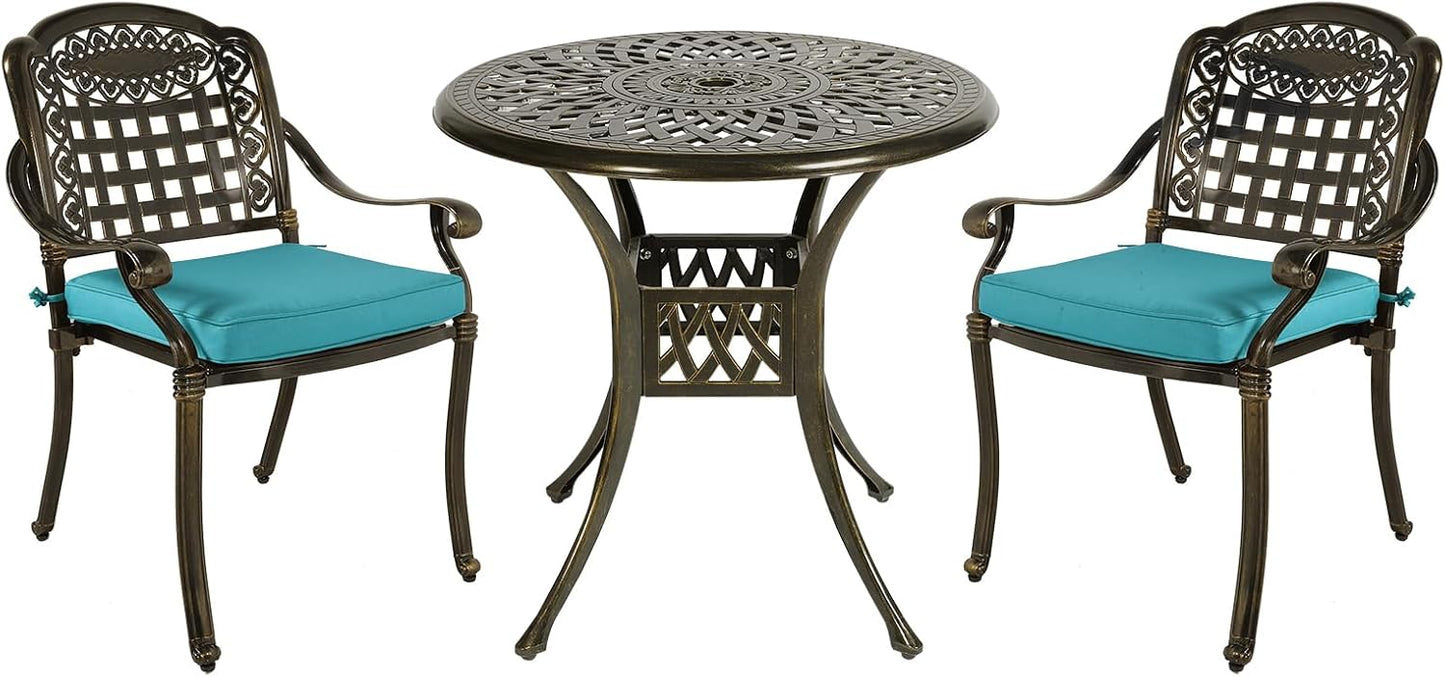 MEETWARM 3 Piece Patio Bistro Set, Outdoor All-Weather Cast Aluminum Dining Furniture Set Includes 2 Chairs with Cushions and a 31” Round Table with Umbrella Hole for Garden Deck, Ocean Blue