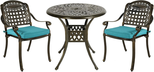 MEETWARM 3 Piece Patio Bistro Set, Outdoor All-Weather Cast Aluminum Dining Furniture Set Includes 2 Chairs with Cushions and a 31” Round Table with Umbrella Hole for Garden Deck, Ocean Blue