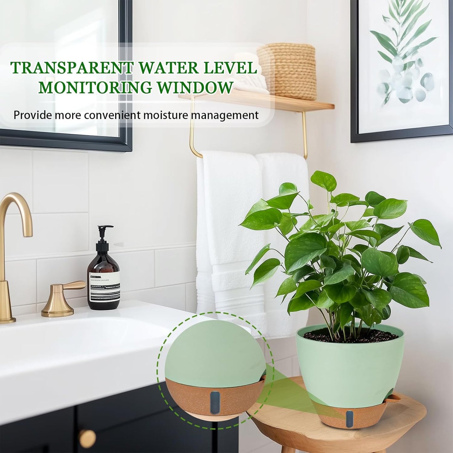 2 Pack 10 inch Plant Pots, Plastic Self Watering Planters with Drainage Holes, Deep Reservoir, Water Level Indicator, Modern Decorative Flower Pots for Indoor Outdoor Plants (Green, 10 inch)