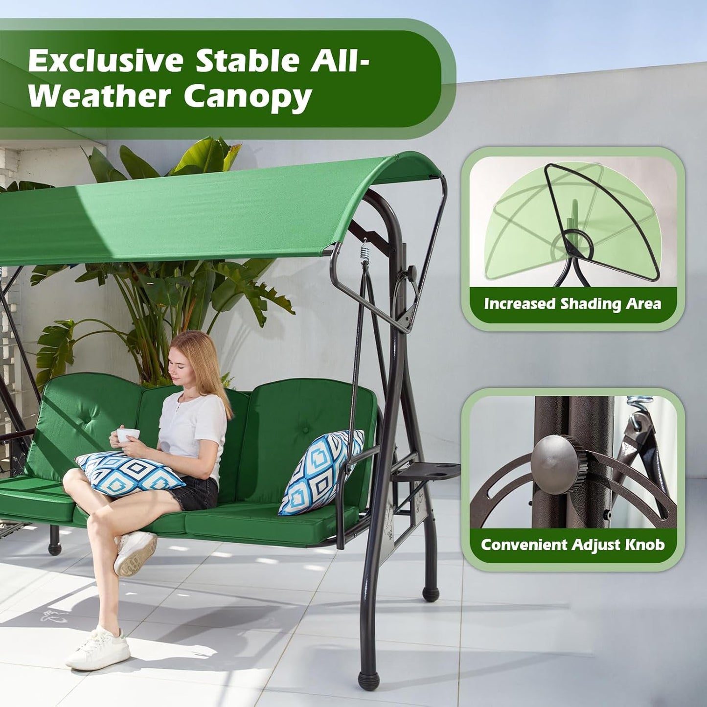 800LBS Patio Swing with Canopy 3 Seat Outdoor Porch Swing with Stand w/Cup Holder & Pillow Glider Chair Swing Bed for Patio Backyard Poolside (Green)
