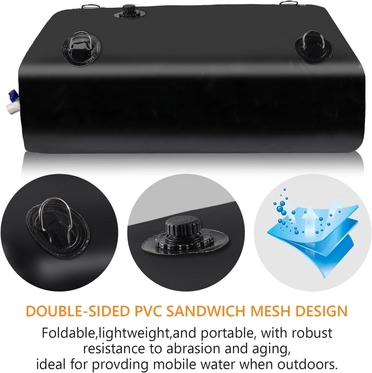 Portable Water Tank, 105 Gallon Foldable PVC Rectangular Black Water Storage Bladder with 3/4" Spigot and Hose Kit for Camping, Garden, Emergency Use