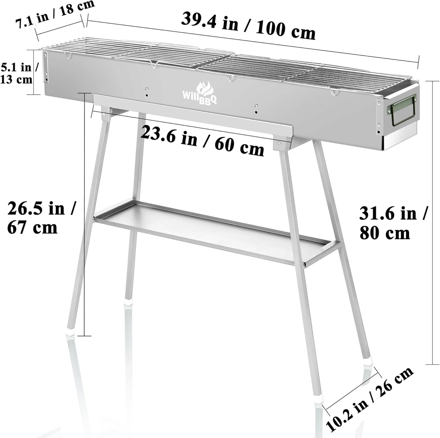 Charcoal Grills Commercial Quality Portable Multiple Size Hibachi BBQ Lamb Skewer Folded Camping Barbecue Grill(39.4x7.1x5.1 inch With Accessories)