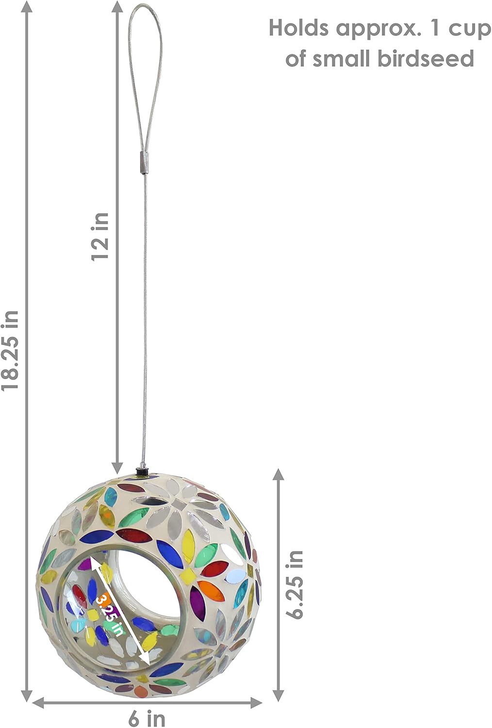 Sunnydaze 6-Inch Glass Mosaic Hanging Bird Feeder for Outdoors - Fly-Through Wild Bird Feeder - Rainbow Daisies