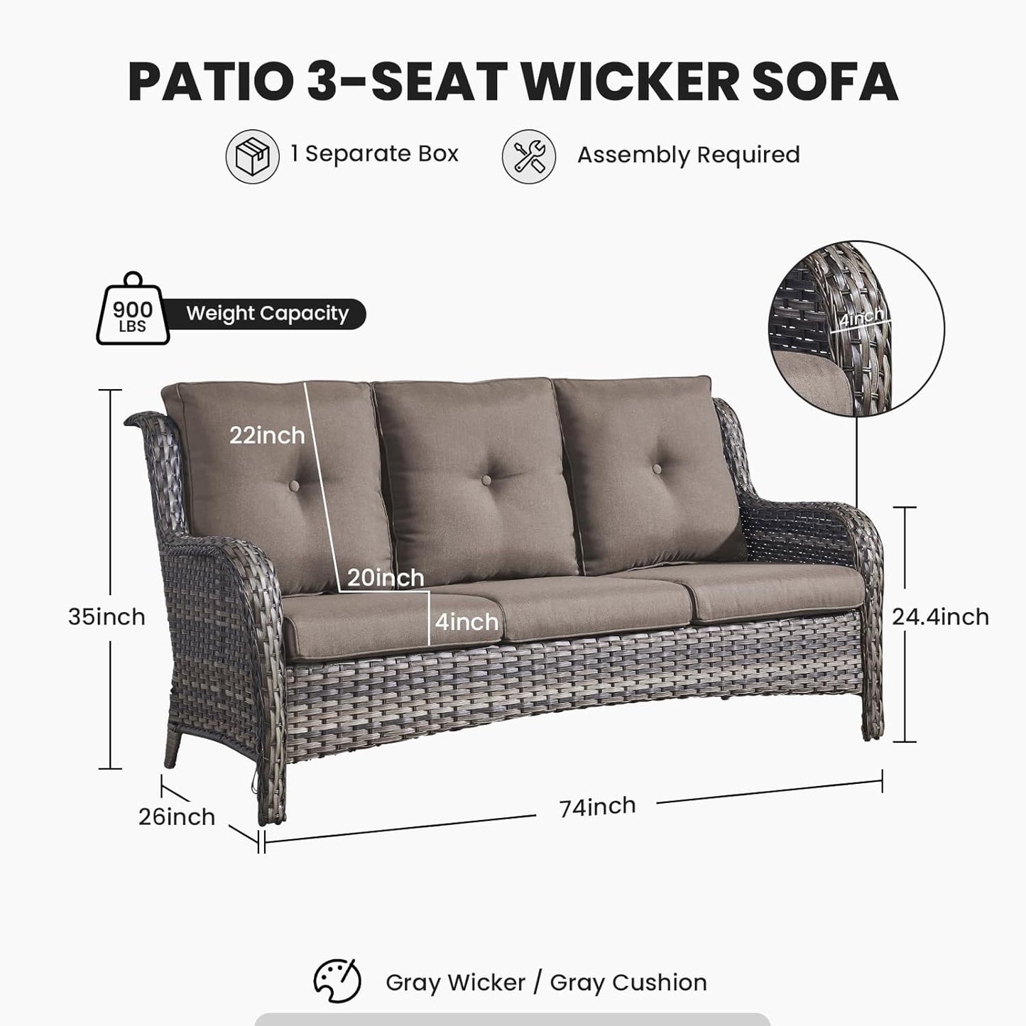 Outdoor Furniture 3-Seater Rattan Sofa Patio Wicker Sofa Couch Furniture Set with Washable Cushions