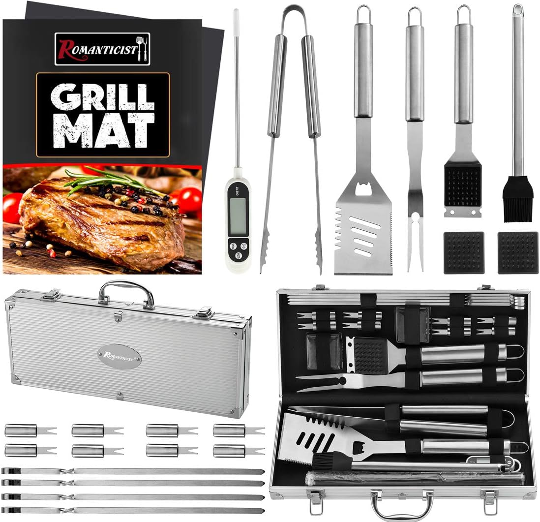 ROMANTICIST 23pcs Must-Have BBQ Grill Accessories Set with Thermometer in Case - Stainless Steel Barbecue Tool Set with 2 Grill Mats for Backyard Outdoor Camping - Father's Day Best Barbecue Gift