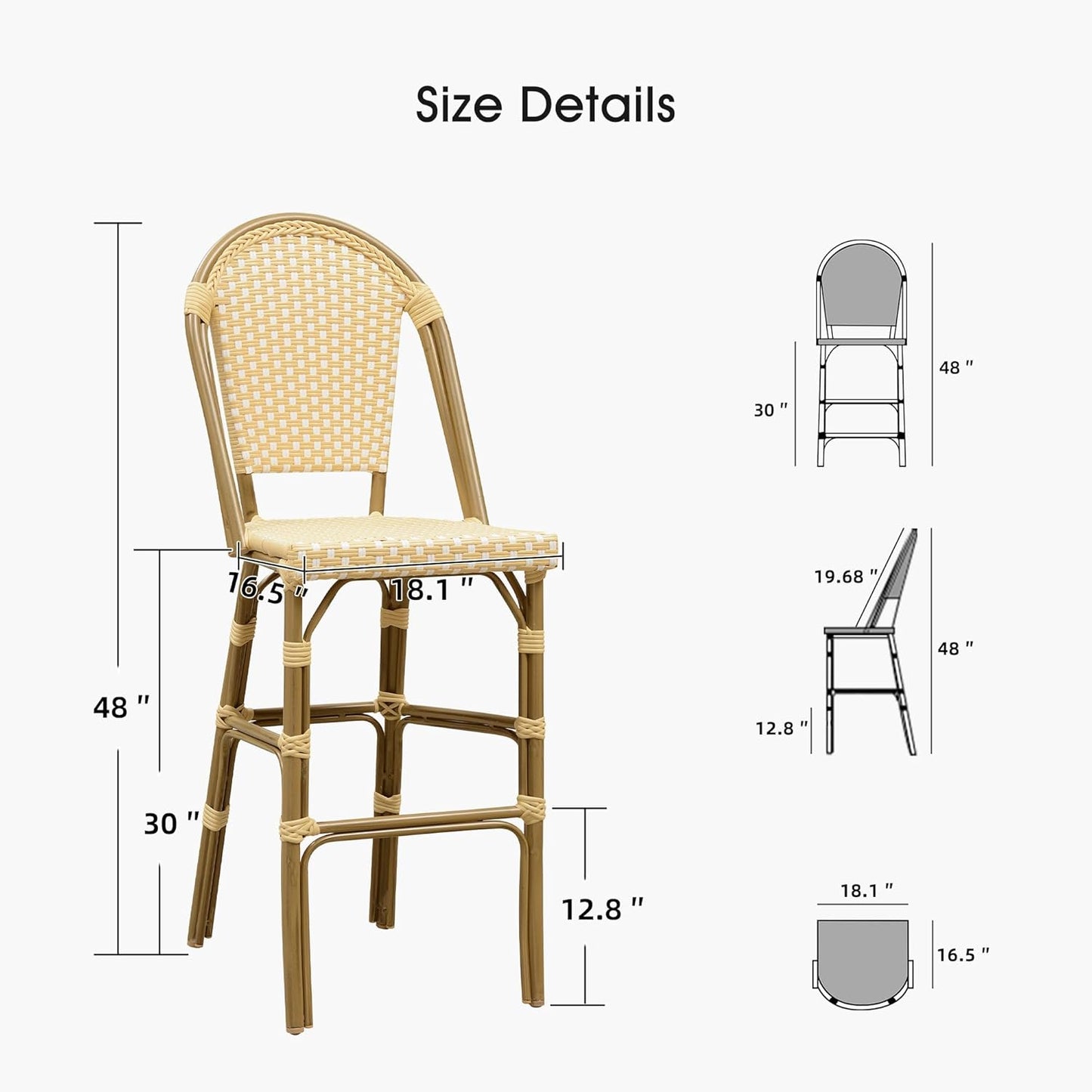 PURPLE LEAF French Bar Stool Set of 4 Bamboo Print Finish Patio Bar Stools with Back Rattan Bar Chairs Wicker Bar Height Stool 30" with Footrest Kitchen Island Stools Outdoor Barstool Cream Yellow