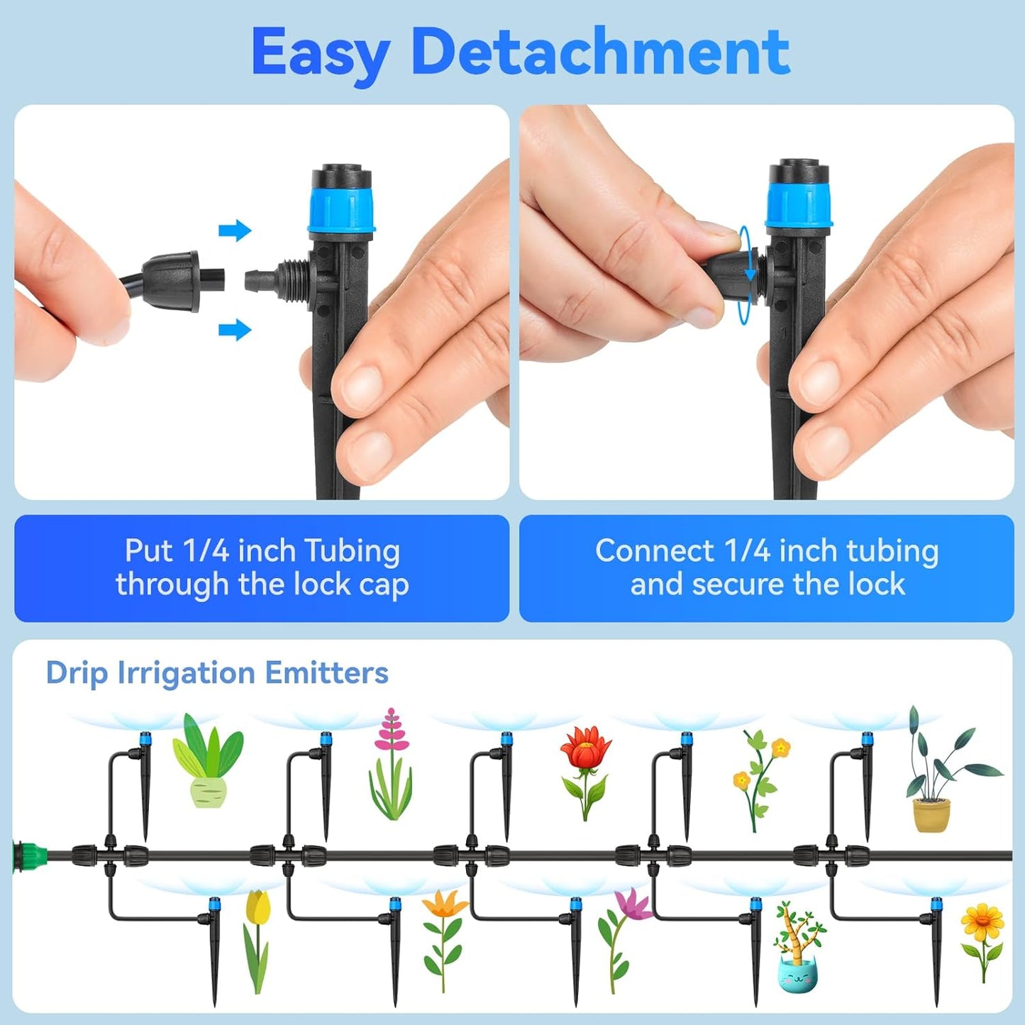 Adjustable Drip Irrigation Emitters Vortex: Fan Shape Water Flow Bubbler Stake Irrigation Dripper with Lock Barbed for 1/4 inch Tubing for Garden Watering System (50PK)