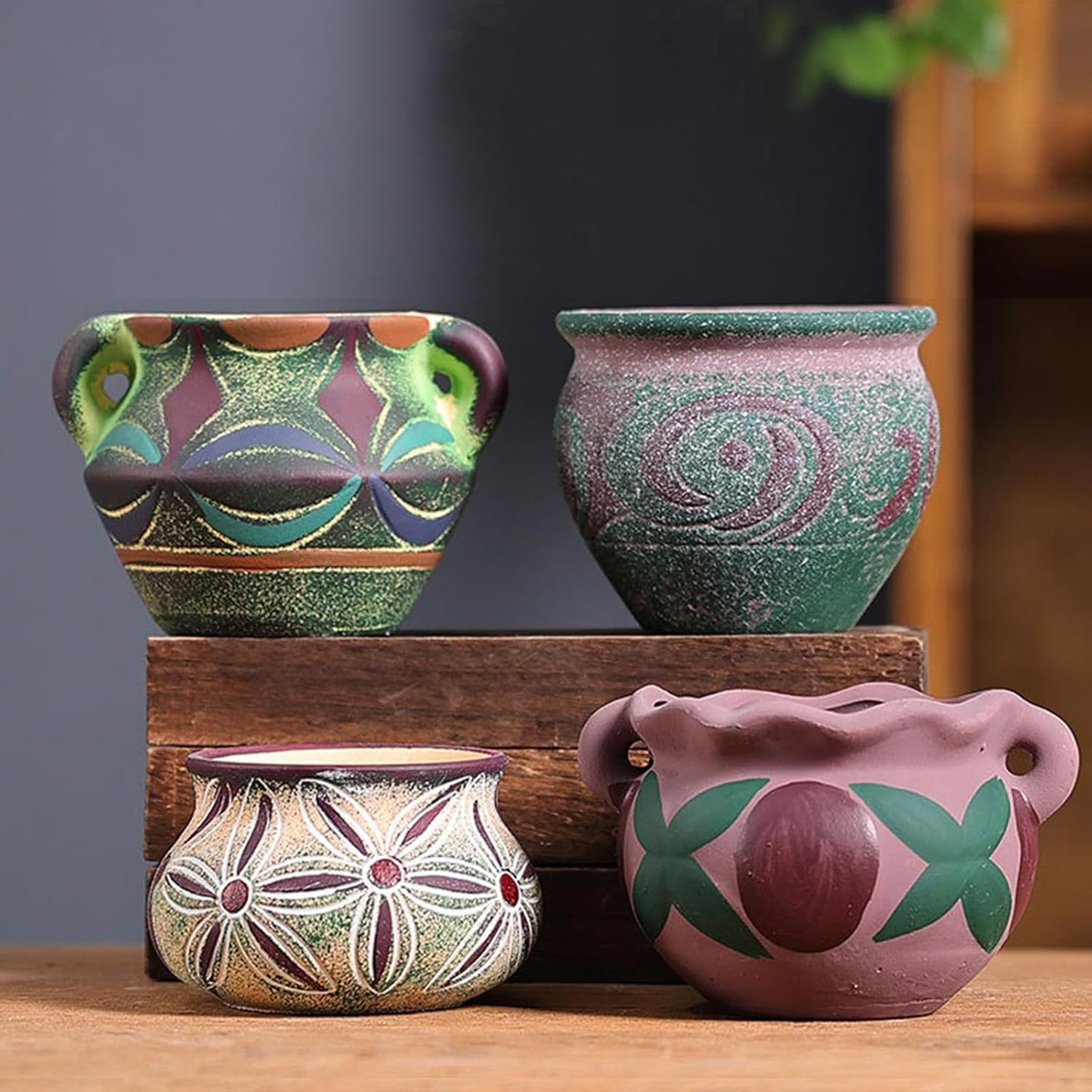 4 Piece Ceramic Plant Pots Indoor Pots Set with Drainage Holes, Rustic Colorful Decorative Flower Pots for Indoor&Outdoor Little Plants, Cute Cactus/Bonsai Plant Pots