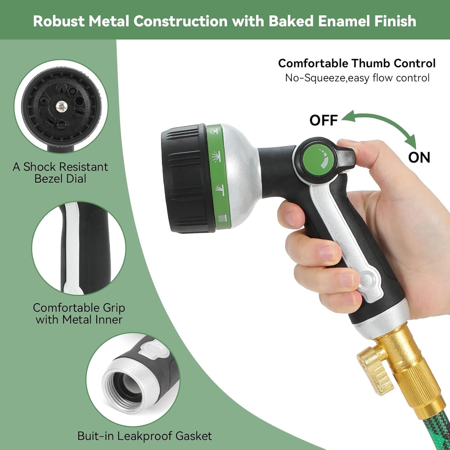 Garden Hose Nozzle Heavy Duty,Metal Water Hose Nozzle with 10 Adjustable Spray Patterns, High Pressure Hose Sprayer Nozzle Thumb Control On Off Valve for Lawn & Plant Watering, Car & Pet Washing