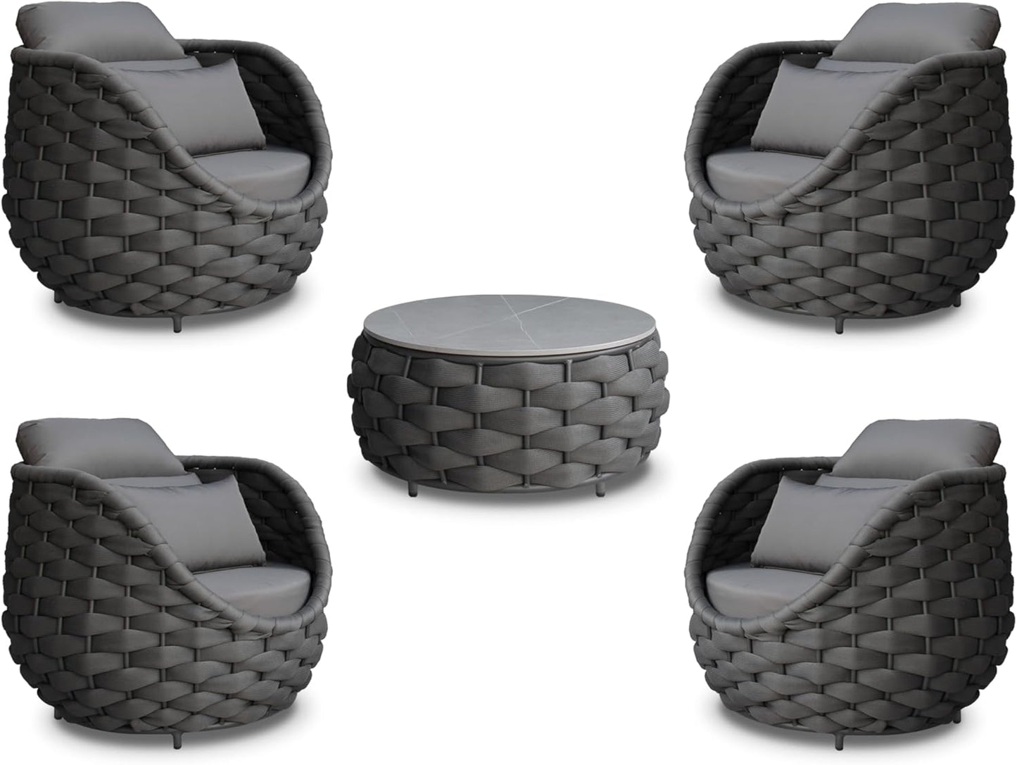 Front Porch Furniture 5 Piece Set: Aluminum Woven Rope Patio Conversation Sofa Set - Assembled Accent Chair Cushioned - Outdoor Armchair Couch Set for 400 lbs Deck Backyard Poolside Garden Hotel