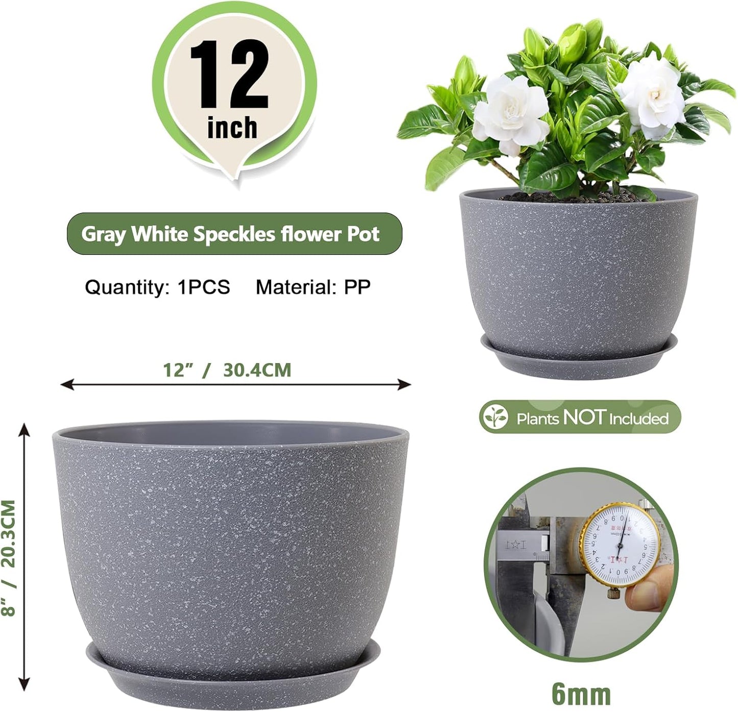Plant Pots 12 inch, Plastic Planters with Drainage Holes and Saucers, Large Flower Pots for Indoor Outdoor Plants, Modern Decorative Pots for Garden House Plants, Speckled Grey