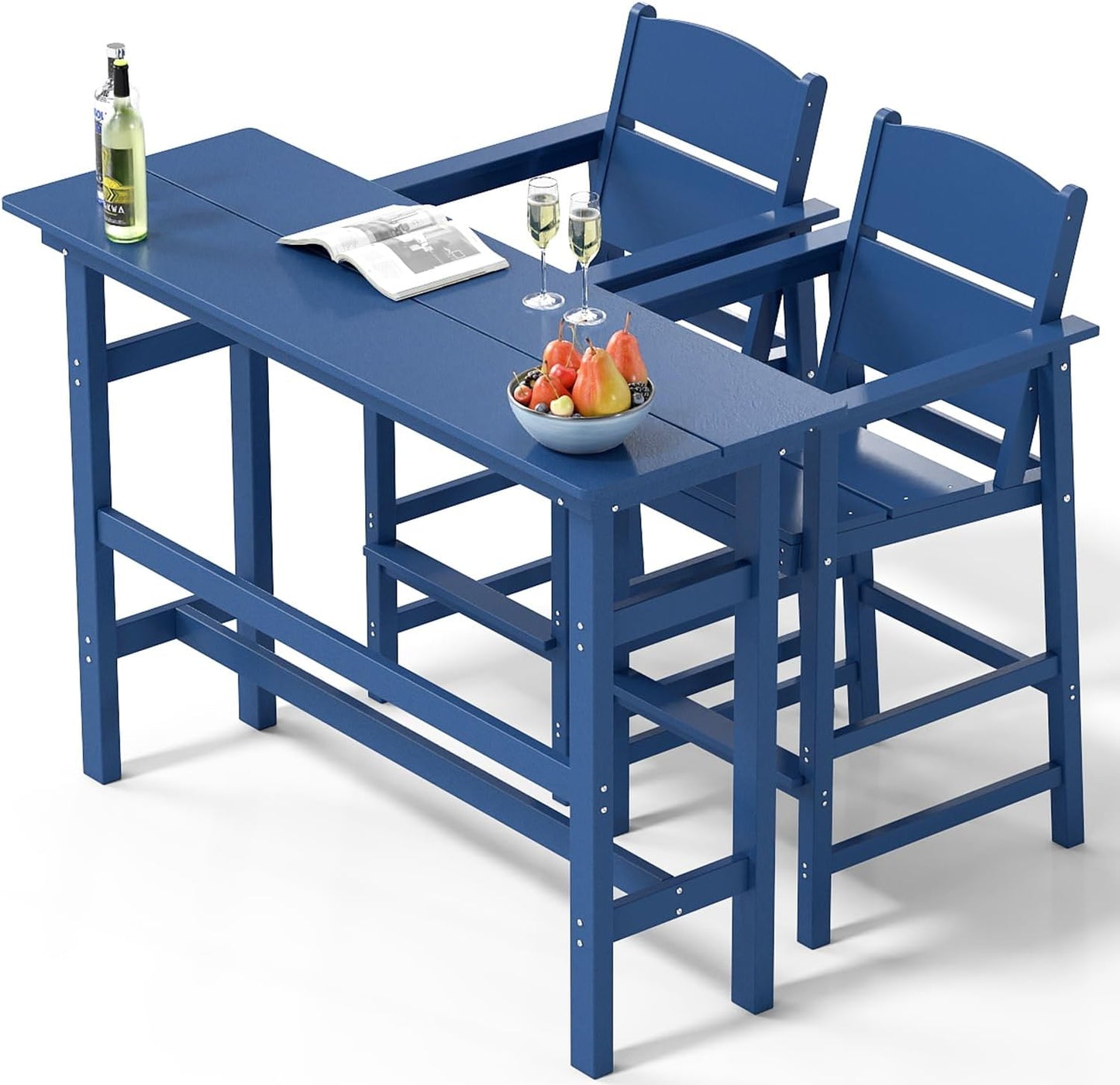 Bar Height Patio Table and Chairs Set, HDPE Outdoor Adirondack Bar Chairs and Table, All-Weather Patio Furniture for Poolside, Backyard, Garden, High Top Patio Bar Set (Navy Blue, 3-Piece)
