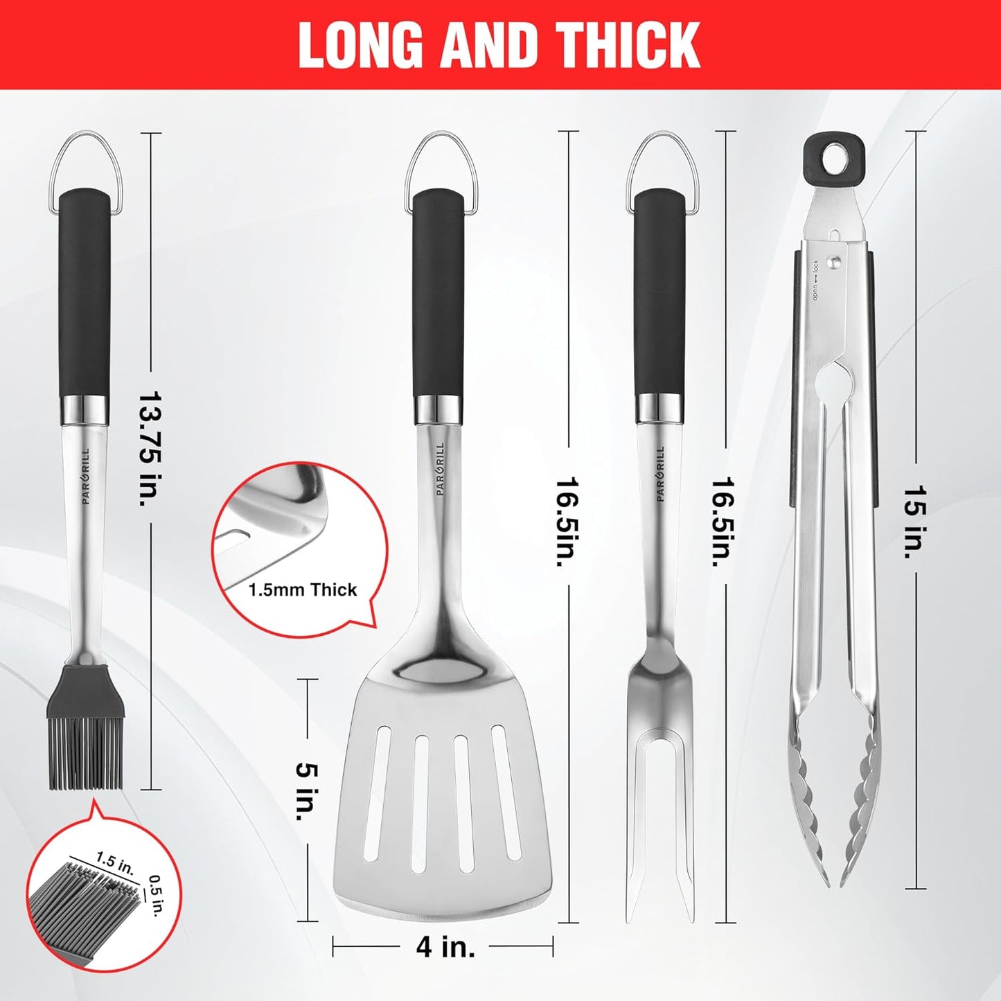 Grill Accessories Heavy Duty BBQ Set Gifts for Men/Women - Premium Stainless Steel Spatula, Fork, Brush & Tongs, Barbecue Utensils Tool Kit Gift for Grilling Lover Outdoor