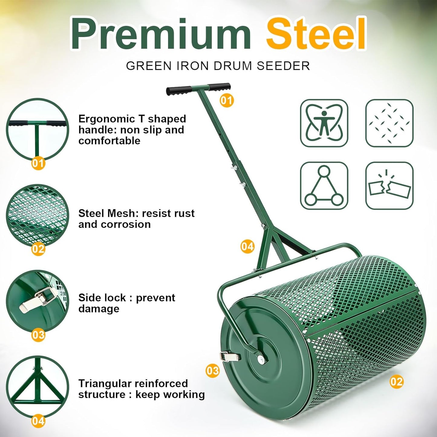 Hiboom 24 Inch Compost Spreader, Peat Moss Spreader, Manure Roller with Adjustable T Shaped Handle, Lightweight Metal Mesh for Lawn Garden Spreading Manure Topsoil (Green)