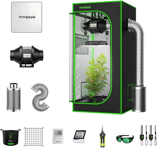 VIVOSUN 2 x 2 ft. Grow Tent Kit Complete, 24"x24"x48" Grow Tent Complete System with VS1000 Led Grow Light, 4 Inch 190CFM Inline Fan, Carbon Filter and 8ft Ducting Combo