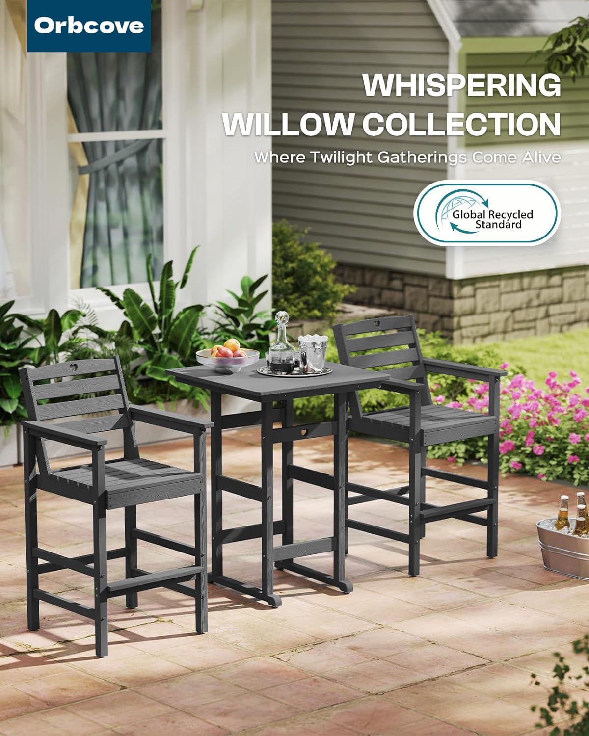 Tall Adirondack Chairs Set of 4, HDPE Wood Balcony Adirondack Chairs Set with Heart Cutout Design, Weather-Resistant Bar Height Furniture for Deck, Porch, Pool (Grey)