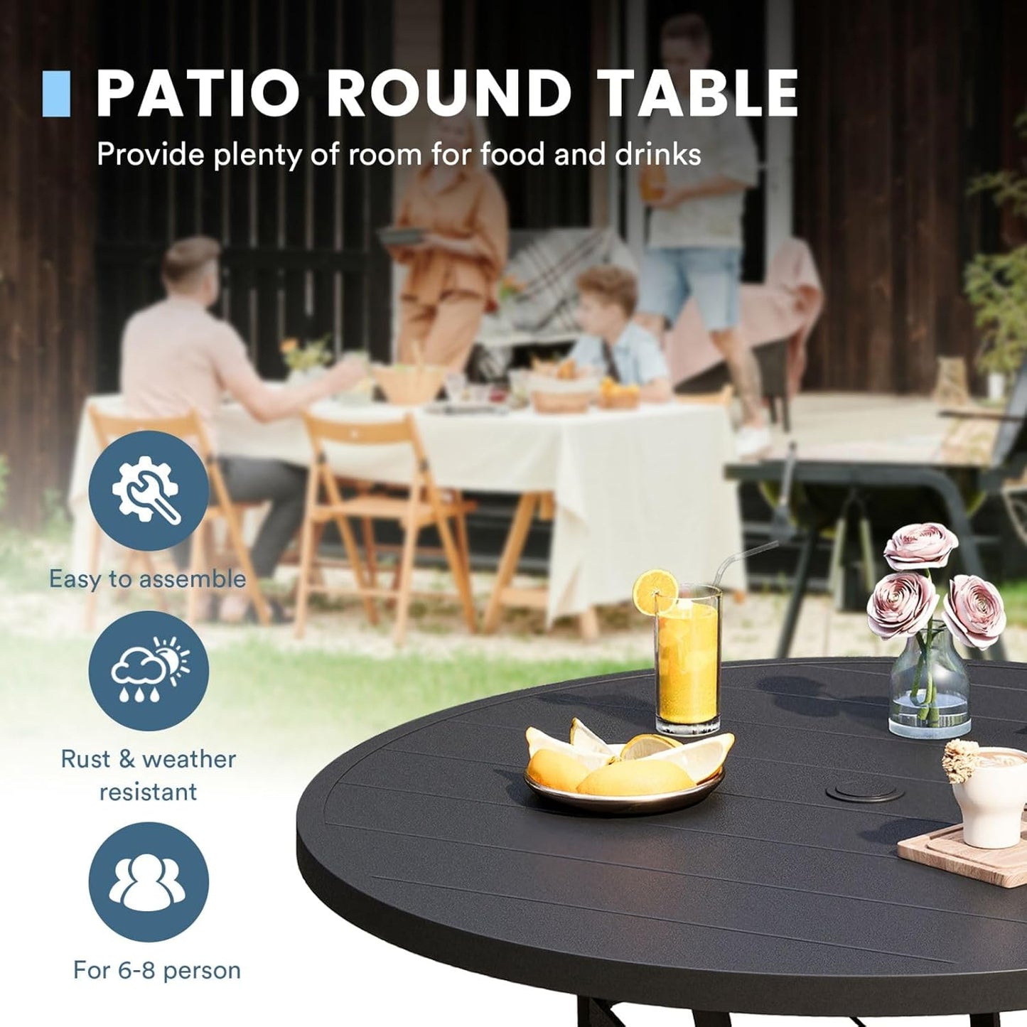 DIFY Patio Round Dining Table, 53" All Weather Round Outdoor Table with 1.57" Umbrella Hole for 8 Person, Perfect for Yard, Balcony and Lawn, Black Tabletop