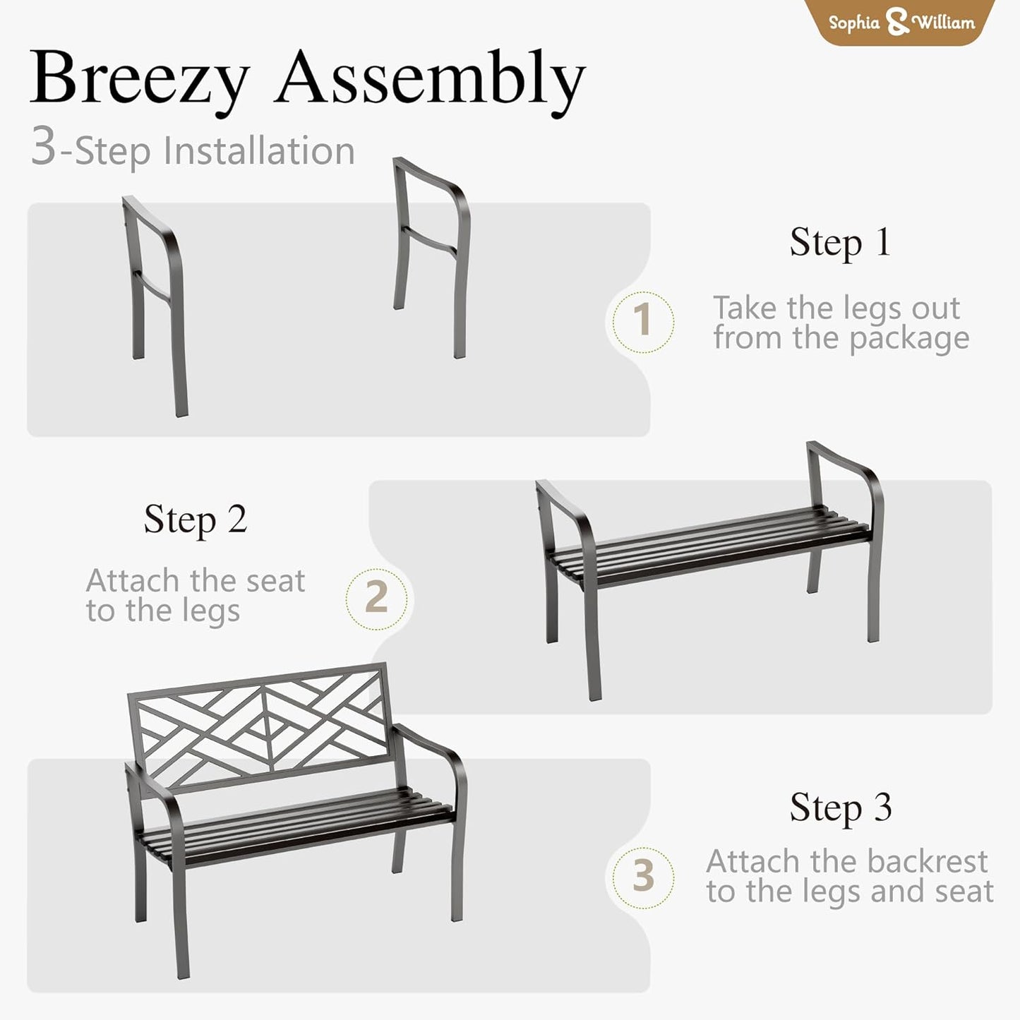 Sophia & William Outdoor Metal Bench Patio Garden Bench, Cast Iron Park Benches for Outside with Minimalist Backrest, Black