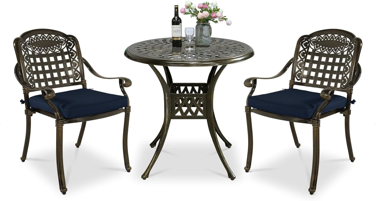 VIVIJASON 3-Piece Outdoor Patio Bistro Set, All-Weather Cast Aluminum Furniture Dining Sets Include 2 Cushioned Chairs and 31" Round Table w/Umbrella Hole for Balcony, Backyard, Navy Blue Cushion
