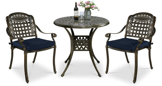 VIVIJASON 3-Piece Outdoor Patio Bistro Set, All-Weather Cast Aluminum Furniture Dining Sets Include 2 Cushioned Chairs and 31" Round Table w/Umbrella Hole for Balcony, Backyard, Navy Blue Cushion
