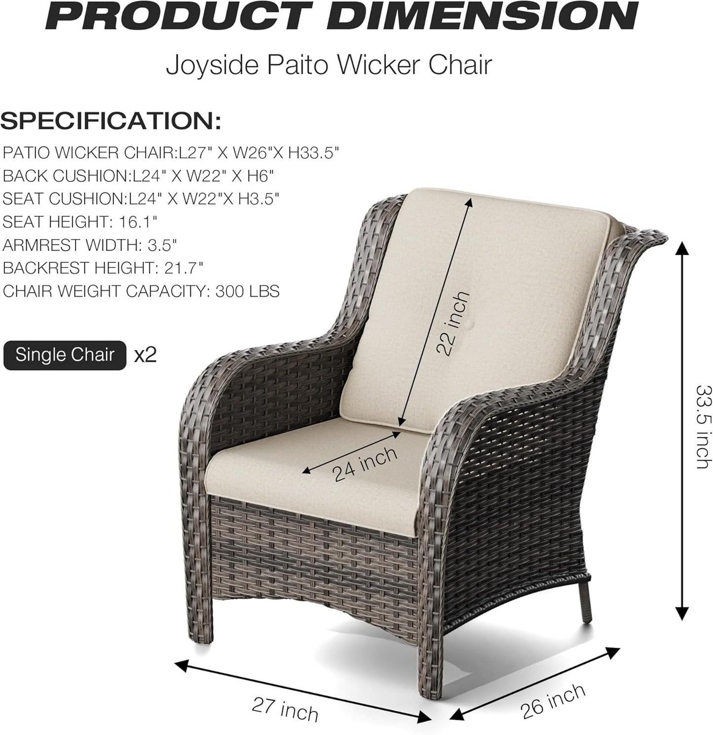 Joyside Outdoor Wicker Chair Rattan Patio Dining Chairs Set of 2 PE Wicker Patio Chairs with 4inch Seat Cushions Outdoor Patio Seating Chair for Garden(Mixed Grey/Beige)