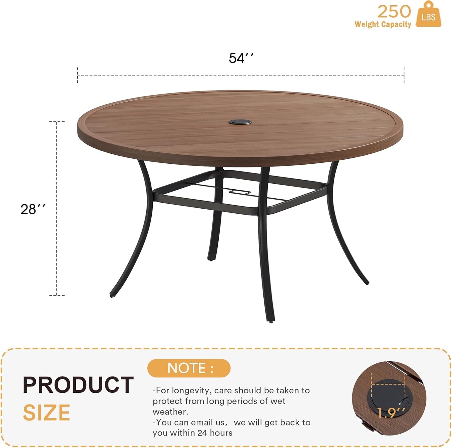 VICLLAX 53" Outdoor Round Patio Table for Lawn Garden, All Weather Metal Round Patio Dining Table with Adjustable Umbrella Hole, Patio Table for 8 Person, Walnut Tabletop