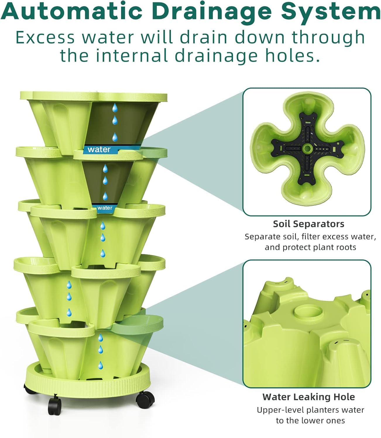 Strawberry Stacking Planters, Vertical Garden Tower, 5 Tiered Stackable Herb Vegetable Planters with Movable Casters and Bottom Saucer Indoor and Outdoor - Green