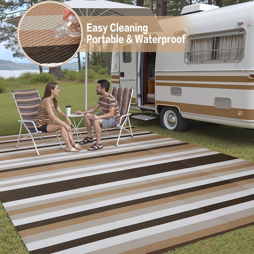 Outdoor Waterproof Rug 8'x10' Plastic Straw Rugs Washable Reversible Floor Mat Brown Stripe Carpet for Camping RV Deck Entryance Porch Picnic Balcony Beach Backyard