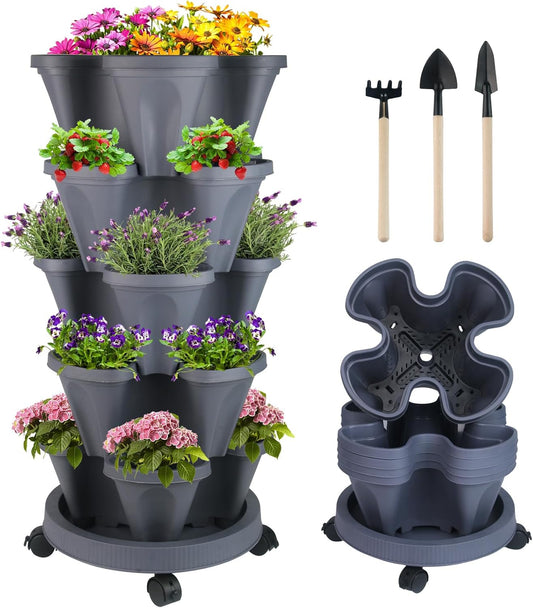 DUNCHATY Stackable Planter, Dark Gray, 5-Tier Garden Tower with Wheels, Self-Watering, Polypropylene Plastic, Indoor/Outdoor Use