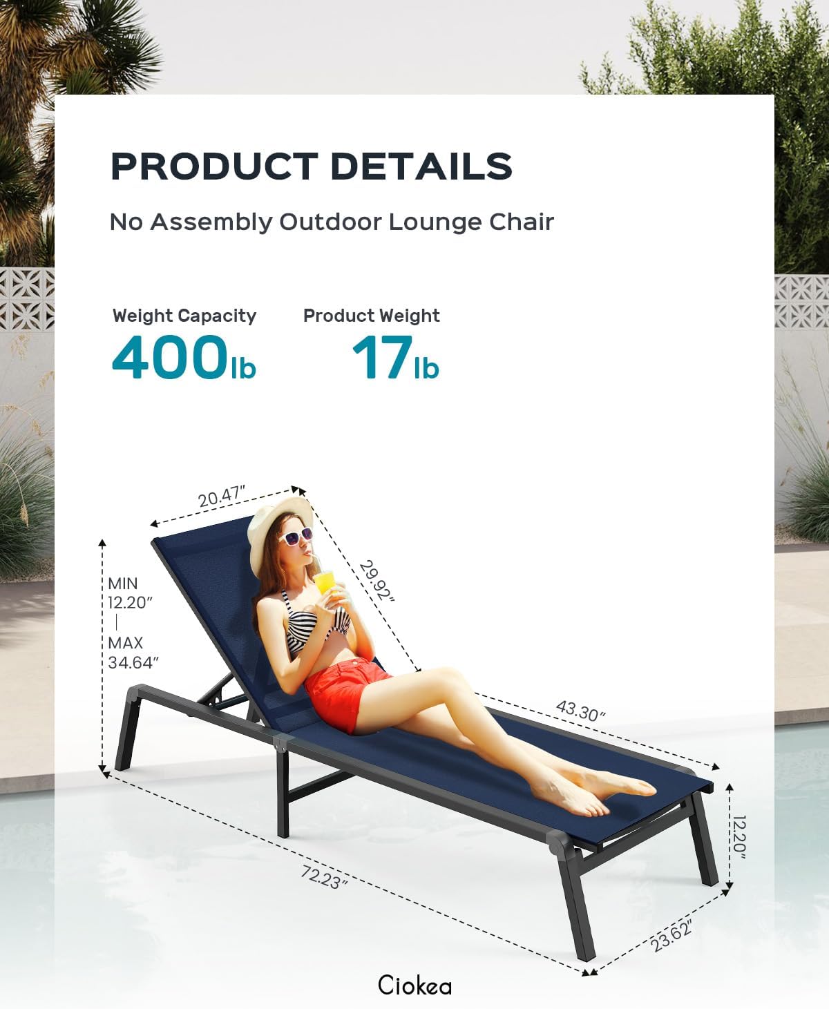 Patio Chaise Lounge Chair, Foldable Lounge Chair for Outside, Aluminum Chairs Set of 2 with 5 Adjustable Backrest, Outdoor Pool Lounger for Poolside, Lawn, Deck, Navy Blue