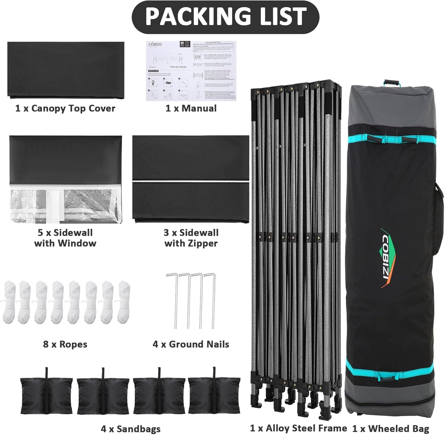 COBIZI 10x30 Pop Up Canopy with 8 Sidewall,Heavy Duty UPF 50+ All Season Wind Waterproof Commercial Outdoor Wedding Party Tents for Parties Canopy Gazebo with Roller Bag(10 x 30 ft Black)