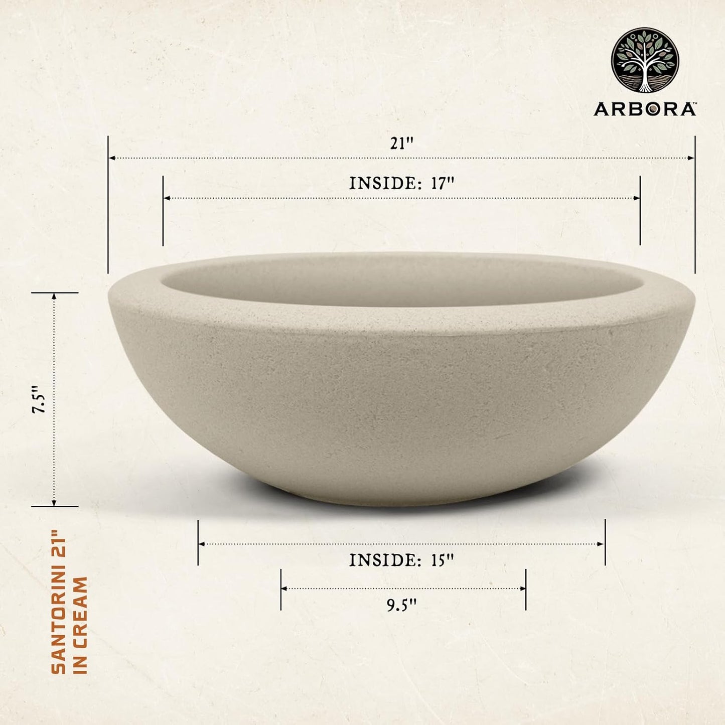 ARBORA 21" and 26” Santorini Bowls with Classic Cream Finish - Polyresin Indoor and Outdoor Planters, Durable, Weatherproof, Lightweight, Large Plant Pots for Patio, Garden, Deck